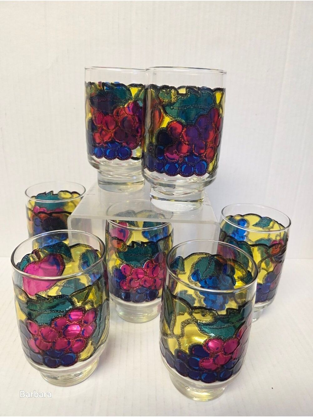 Vintage 70s Libby Set of 7 Stained Glass-Style Fruit Drinking Glasses